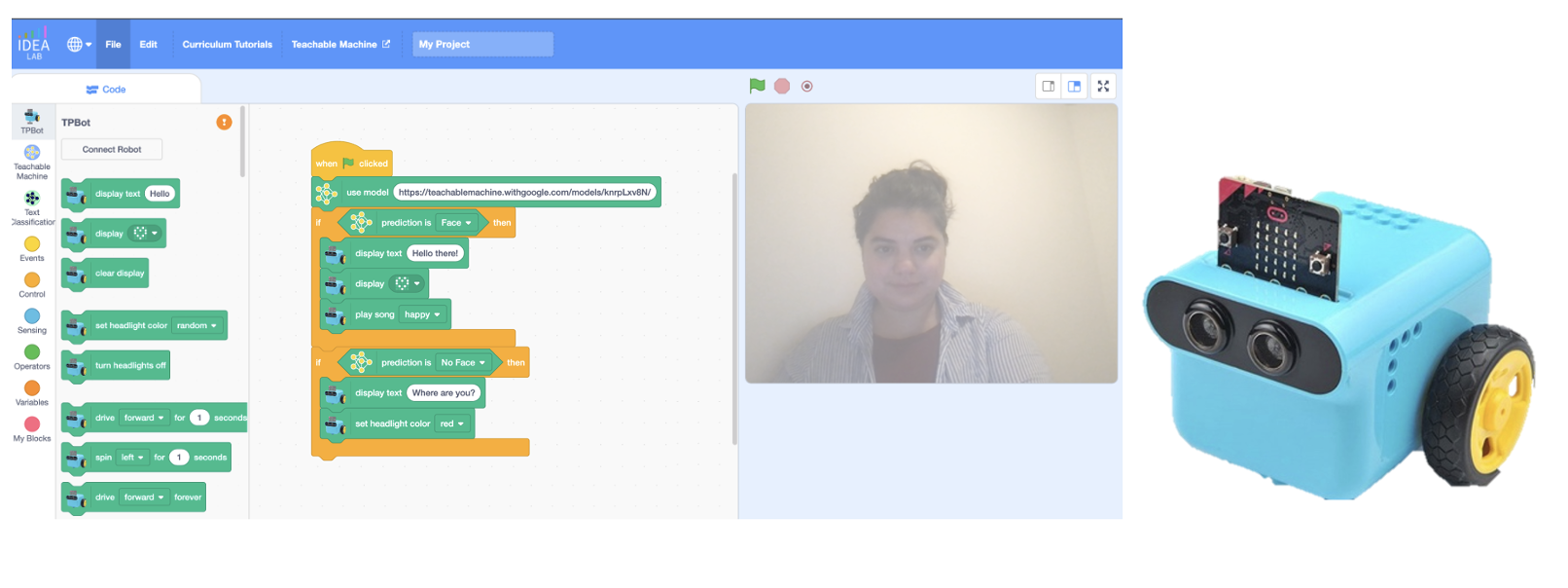 A screenshot of the scratch block-based programming interface and a photo of the TPbot robot