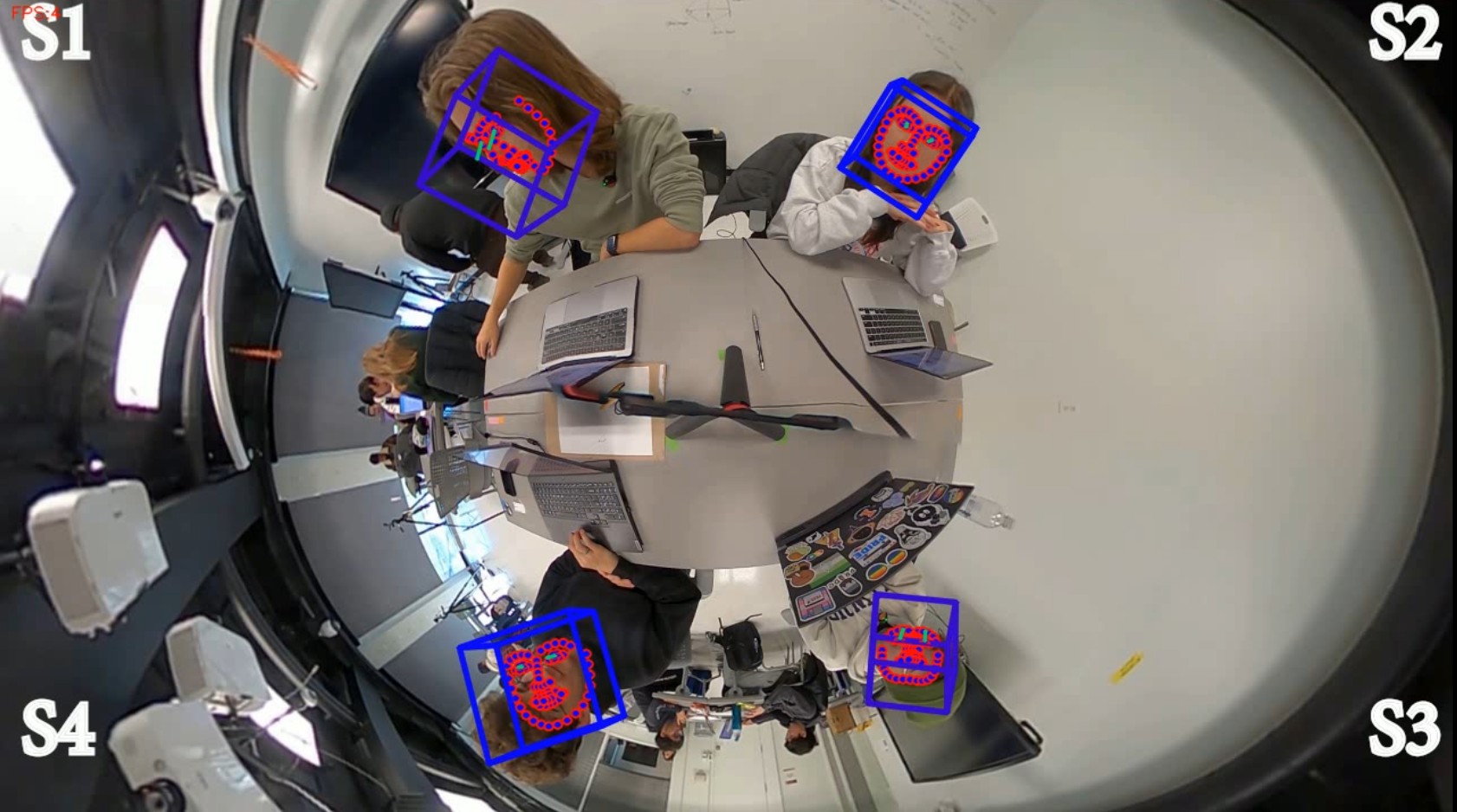 The top right image outlines each students' facial landmarks and eye gaze for top down view.