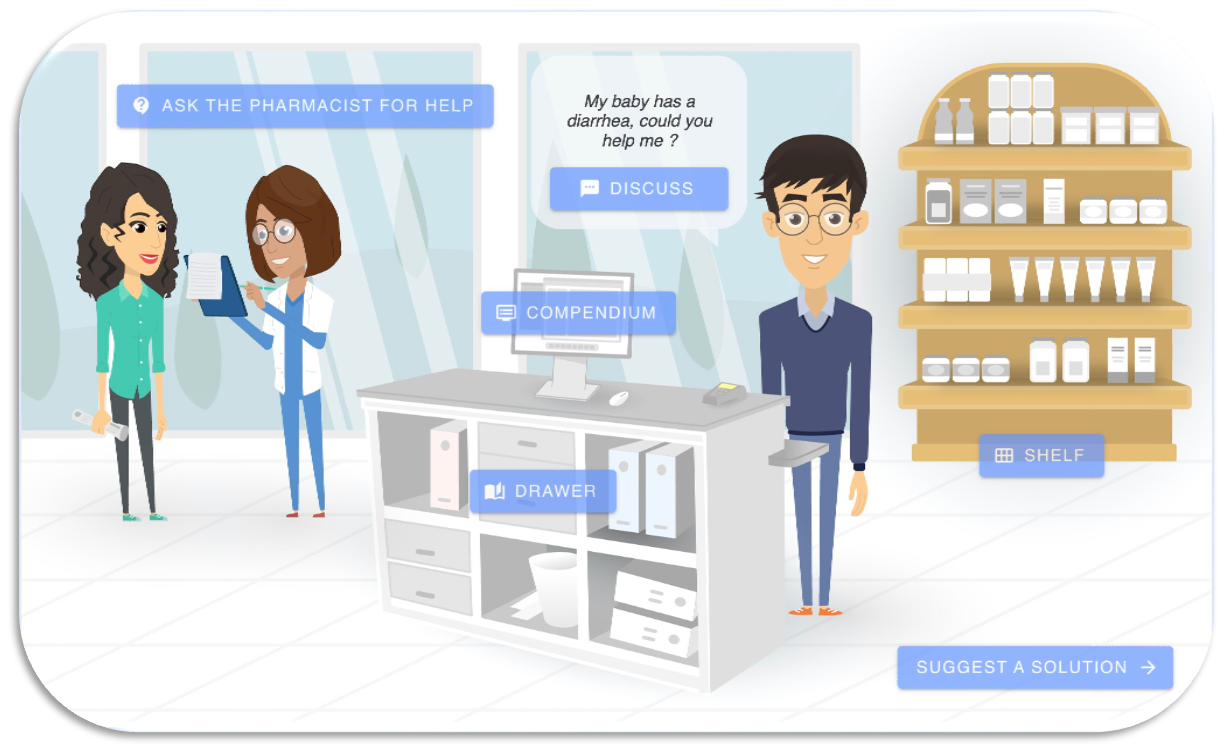 An overview of the Father Inquiry scenario in the PharmaSim environment which shows a father asking for help for his baby's diarhea