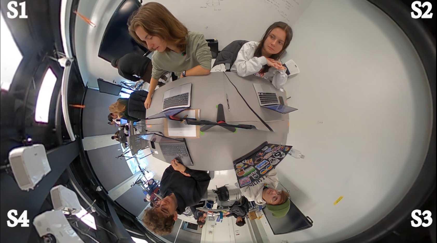  The top right image emulates a bird's eye view of a 360 degree camera view of the group. Similar to the top left image, the same students are labelled clockwise: S1, S2, S3, S4. 