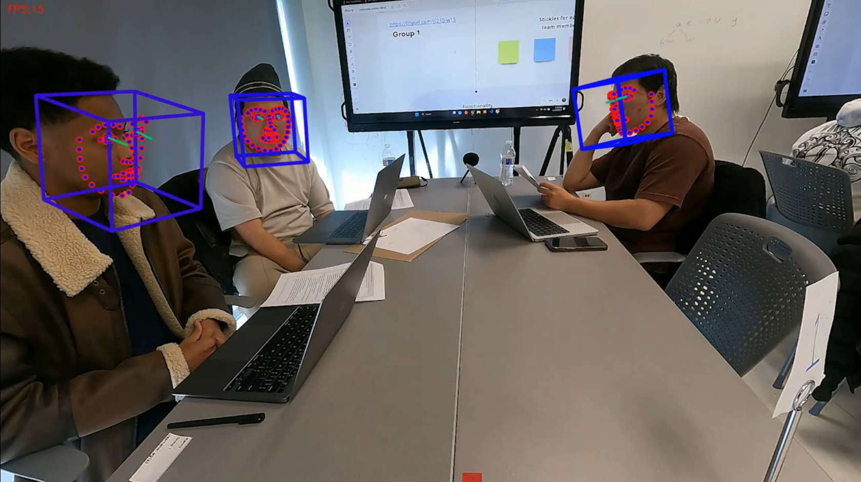 The bottom image outlines each students' facial landmarks and eye gaze for all the traditional view.