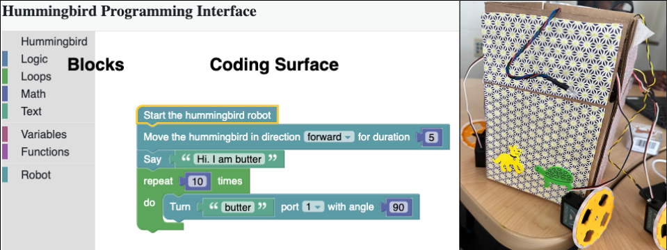 The figure shows the coding interface with blocks and a robot created by a learner in the camp.